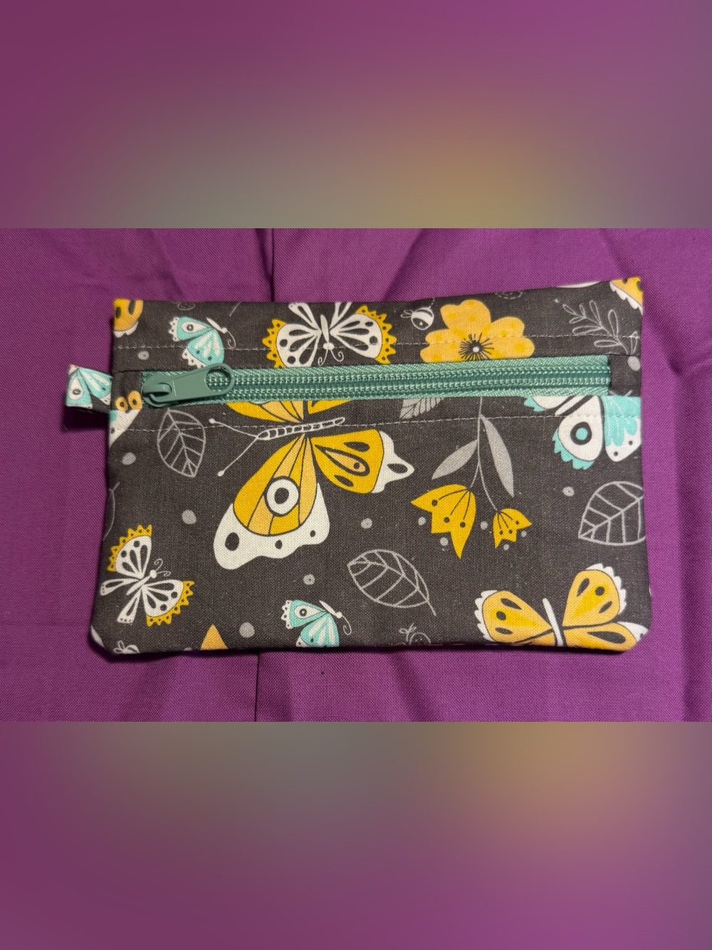 Butterfly Print Women's Cosmetic Pouch - Yellow & Teal on Gray